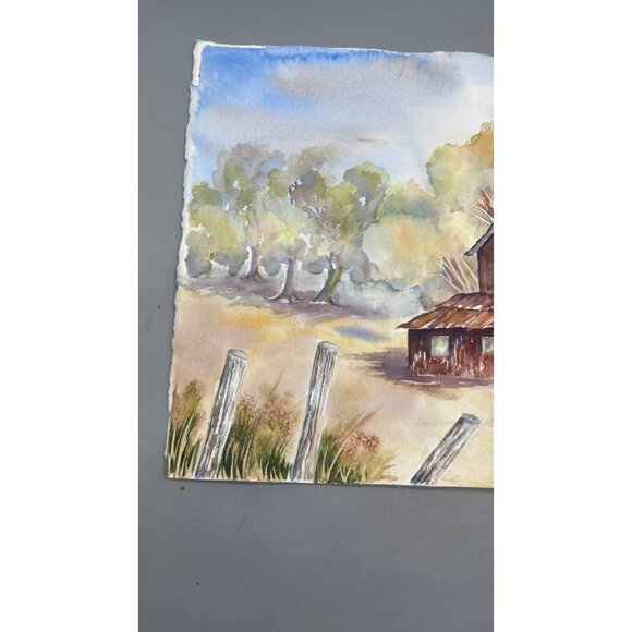 Watercolor Artwork Of Rustic Barn & Trees Farm landscape brown On Textured Paper - Picture 4 of 5